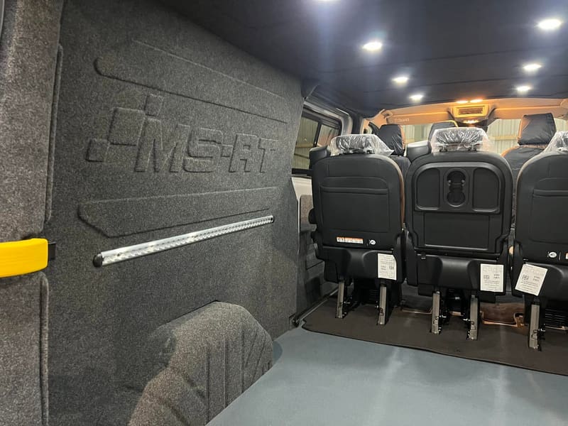Premium leather seating fitted in the rear of a Ford Transit Custom