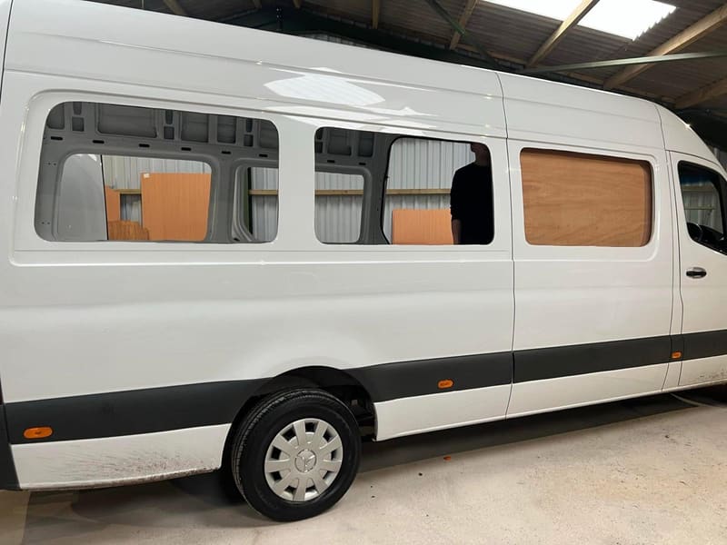 Side windows cut and fitted to the Mercedes Sprinter
